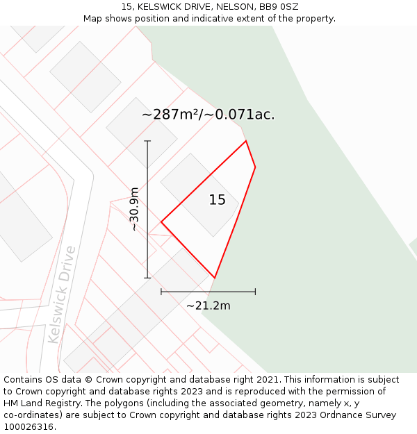 15, KELSWICK DRIVE, NELSON, BB9 0SZ: Plot and title map
