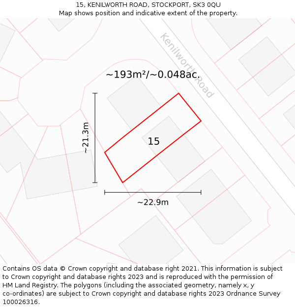 15, KENILWORTH ROAD, STOCKPORT, SK3 0QU: Plot and title map