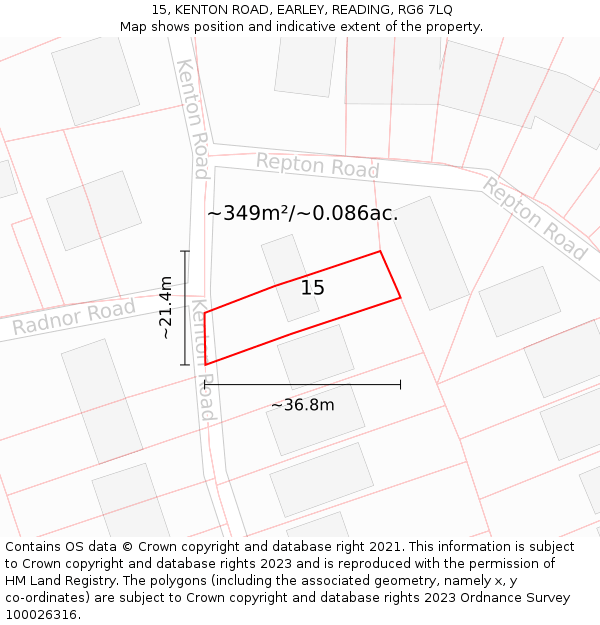 15, KENTON ROAD, EARLEY, READING, RG6 7LQ: Plot and title map