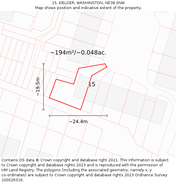 15, KIELDER, WASHINGTON, NE38 0NW: Plot and title map