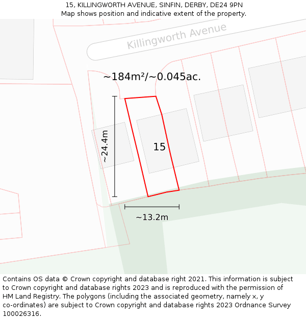 15, KILLINGWORTH AVENUE, SINFIN, DERBY, DE24 9PN: Plot and title map