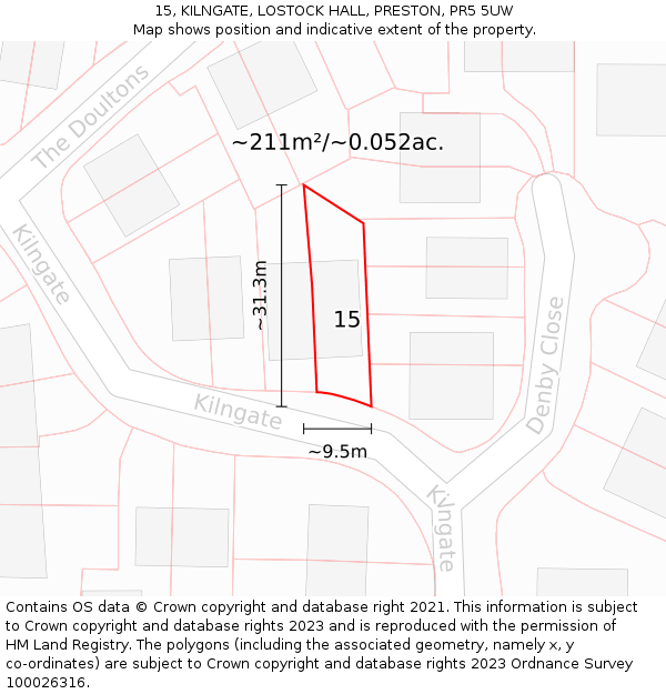 15, KILNGATE, LOSTOCK HALL, PRESTON, PR5 5UW: Plot and title map