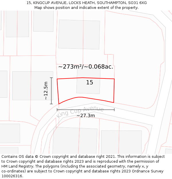 15, KINGCUP AVENUE, LOCKS HEATH, SOUTHAMPTON, SO31 6XG: Plot and title map