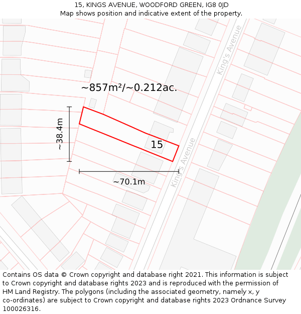 15, KINGS AVENUE, WOODFORD GREEN, IG8 0JD: Plot and title map