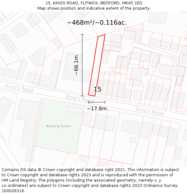 15, KINGS ROAD, FLITWICK, BEDFORD, MK45 1ED: Plot and title map