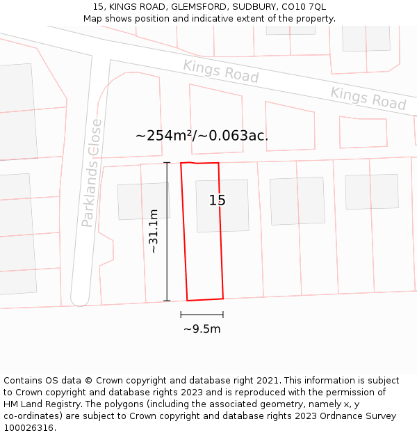 15, KINGS ROAD, GLEMSFORD, SUDBURY, CO10 7QL: Plot and title map