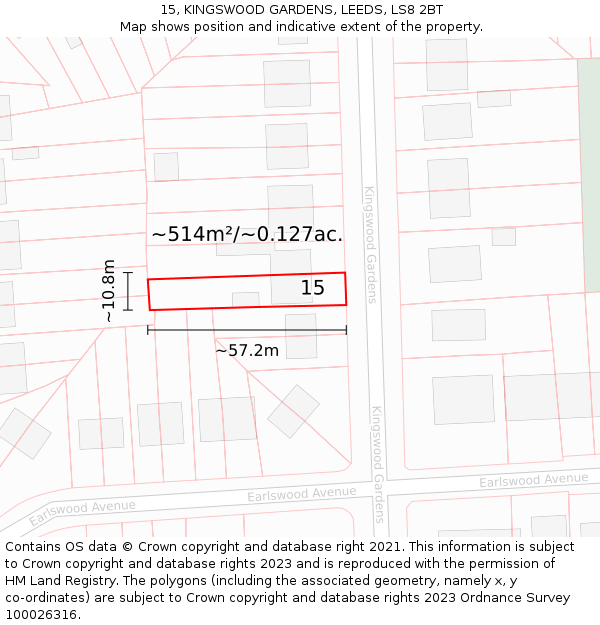 15, KINGSWOOD GARDENS, LEEDS, LS8 2BT: Plot and title map