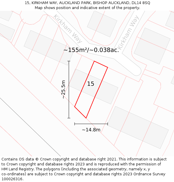 15, KIRKHAM WAY, AUCKLAND PARK, BISHOP AUCKLAND, DL14 8SQ: Plot and title map