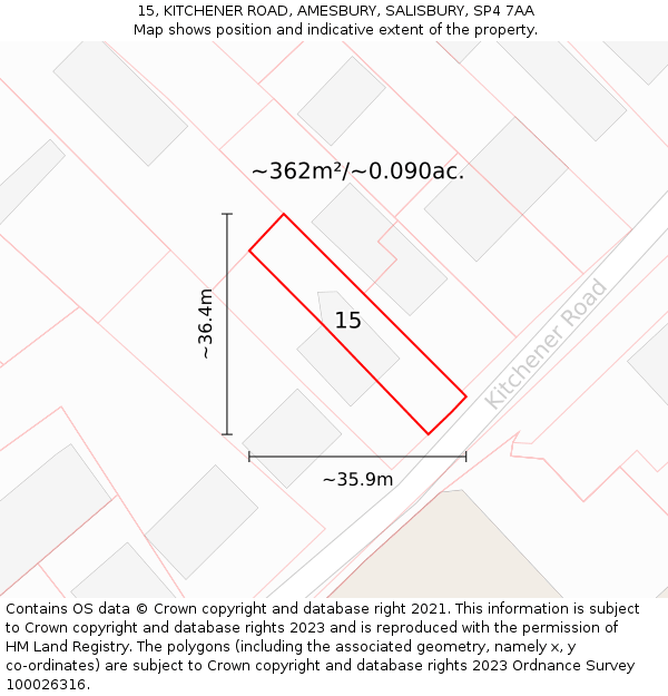 15, KITCHENER ROAD, AMESBURY, SALISBURY, SP4 7AA: Plot and title map