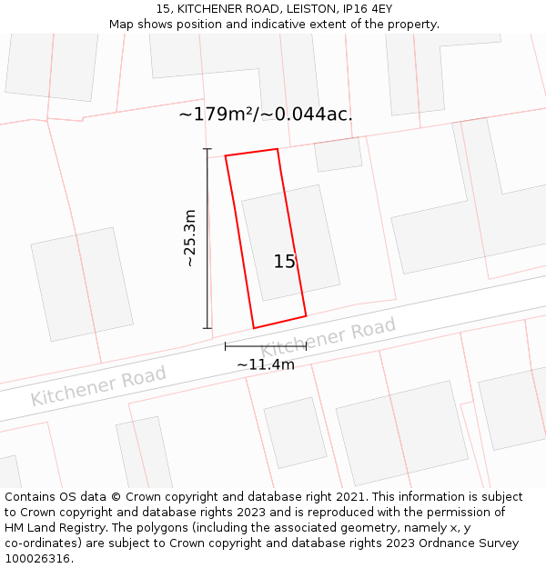15, KITCHENER ROAD, LEISTON, IP16 4EY: Plot and title map