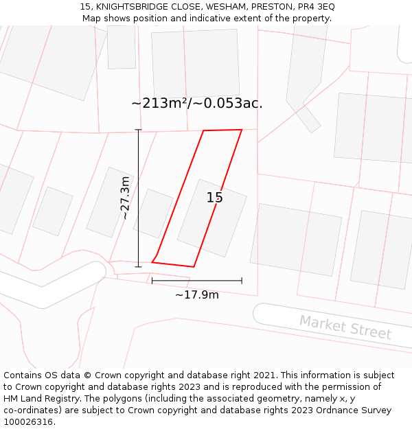 15, KNIGHTSBRIDGE CLOSE, WESHAM, PRESTON, PR4 3EQ: Plot and title map