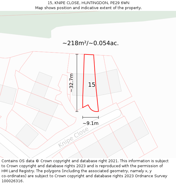 15, KNIPE CLOSE, HUNTINGDON, PE29 6WN: Plot and title map