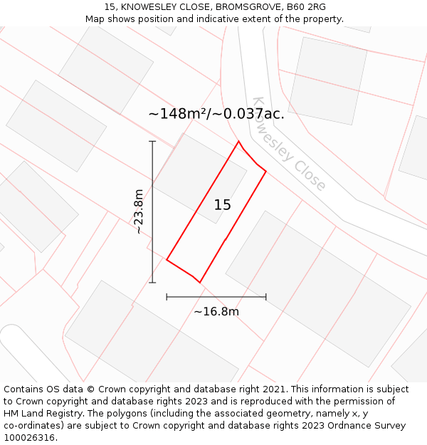 15, KNOWESLEY CLOSE, BROMSGROVE, B60 2RG: Plot and title map