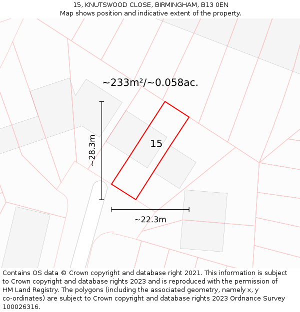 15, KNUTSWOOD CLOSE, BIRMINGHAM, B13 0EN: Plot and title map