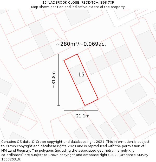 15, LADBROOK CLOSE, REDDITCH, B98 7XR: Plot and title map