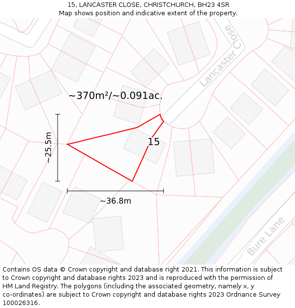 15, LANCASTER CLOSE, CHRISTCHURCH, BH23 4SR: Plot and title map