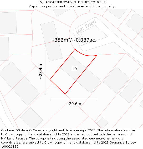 15, LANCASTER ROAD, SUDBURY, CO10 1LR: Plot and title map
