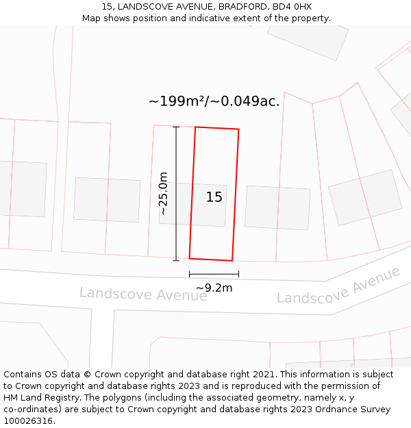 15, LANDSCOVE AVENUE, BRADFORD, BD4 0HX: Plot and title map