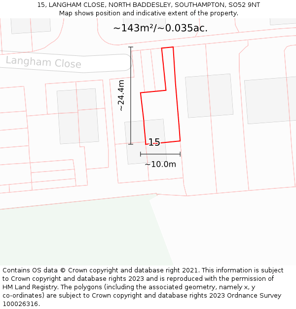 15, LANGHAM CLOSE, NORTH BADDESLEY, SOUTHAMPTON, SO52 9NT: Plot and title map
