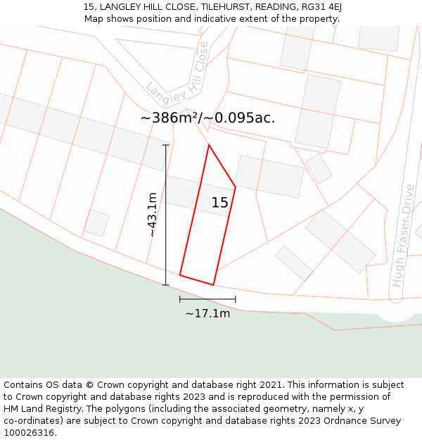 15, LANGLEY HILL CLOSE, TILEHURST, READING, RG31 4EJ: Plot and title map