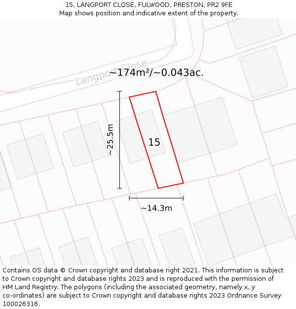 15, LANGPORT CLOSE, FULWOOD, PRESTON, PR2 9FE: Plot and title map