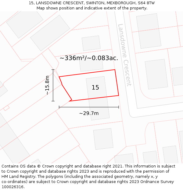 15, LANSDOWNE CRESCENT, SWINTON, MEXBOROUGH, S64 8TW: Plot and title map