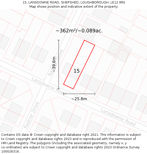 15, LANSDOWNE ROAD, SHEPSHED, LOUGHBOROUGH, LE12 9RS: Plot and title map