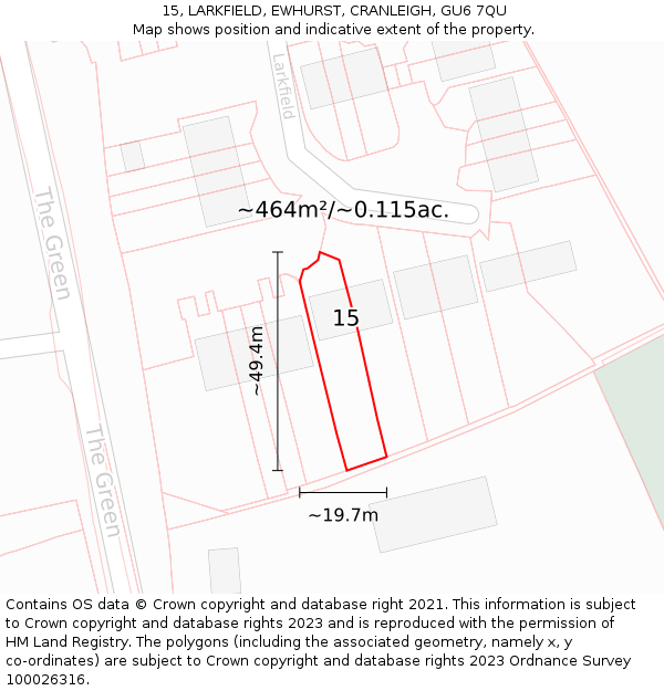 15, LARKFIELD, EWHURST, CRANLEIGH, GU6 7QU: Plot and title map