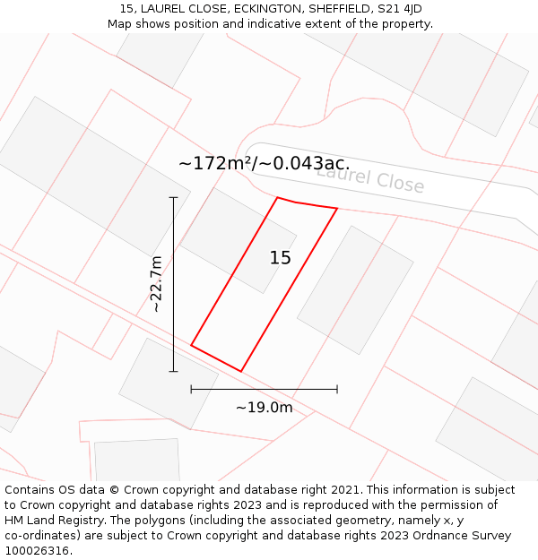 15, LAUREL CLOSE, ECKINGTON, SHEFFIELD, S21 4JD: Plot and title map