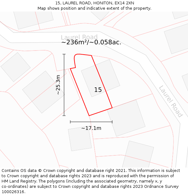 15, LAUREL ROAD, HONITON, EX14 2XN: Plot and title map