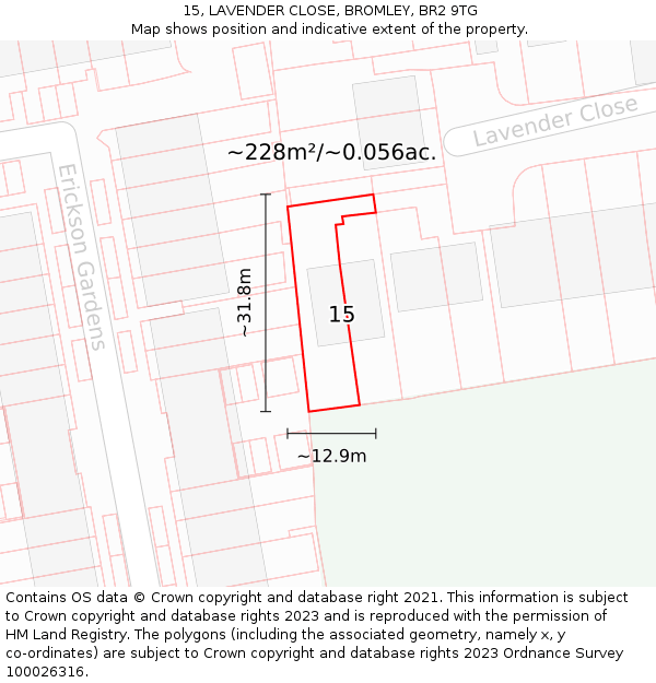 15, LAVENDER CLOSE, BROMLEY, BR2 9TG: Plot and title map