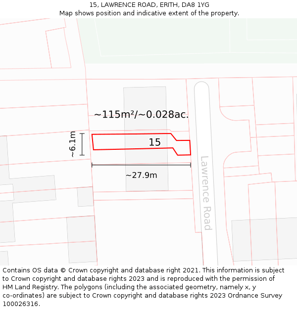 15, LAWRENCE ROAD, ERITH, DA8 1YG: Plot and title map