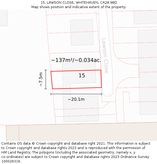 15, LAWSON CLOSE, WHITEHAVEN, CA28 9BD: Plot and title map