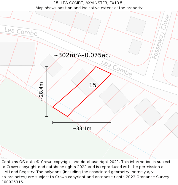 15, LEA COMBE, AXMINSTER, EX13 5LJ: Plot and title map