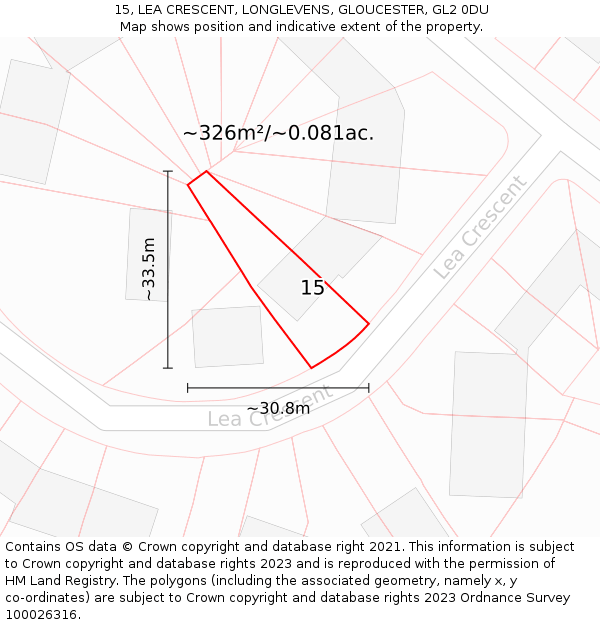 15, LEA CRESCENT, LONGLEVENS, GLOUCESTER, GL2 0DU: Plot and title map