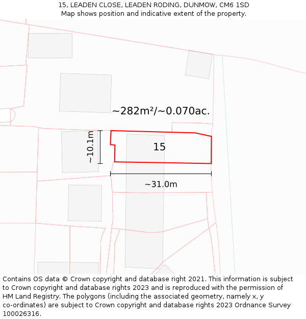 15, LEADEN CLOSE, LEADEN RODING, DUNMOW, CM6 1SD: Plot and title map