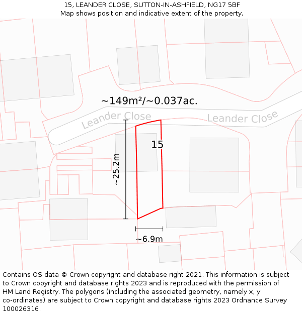 15, LEANDER CLOSE, SUTTON-IN-ASHFIELD, NG17 5BF: Plot and title map