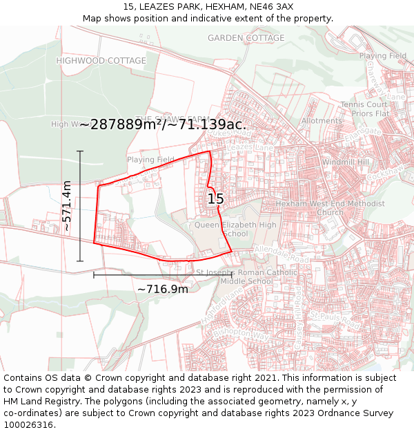 15, LEAZES PARK, HEXHAM, NE46 3AX: Plot and title map