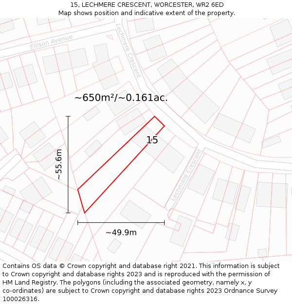 15, LECHMERE CRESCENT, WORCESTER, WR2 6ED: Plot and title map
