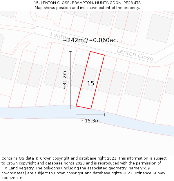 15, LENTON CLOSE, BRAMPTON, HUNTINGDON, PE28 4TR: Plot and title map