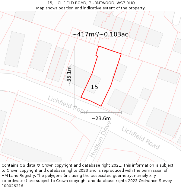 15, LICHFIELD ROAD, BURNTWOOD, WS7 0HQ: Plot and title map