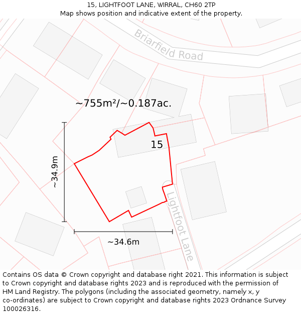 15, LIGHTFOOT LANE, WIRRAL, CH60 2TP: Plot and title map