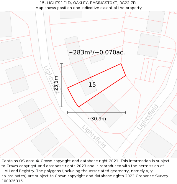 15, LIGHTSFIELD, OAKLEY, BASINGSTOKE, RG23 7BL: Plot and title map