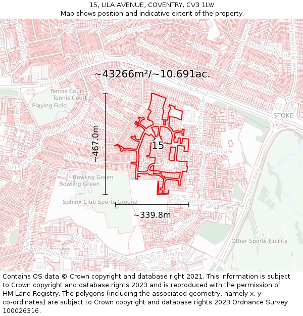 15, LILA AVENUE, COVENTRY, CV3 1LW: Plot and title map