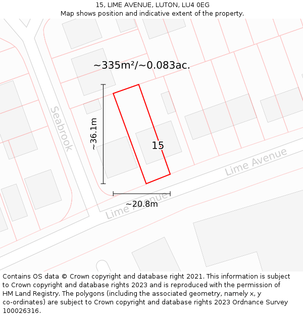15, LIME AVENUE, LUTON, LU4 0EG: Plot and title map