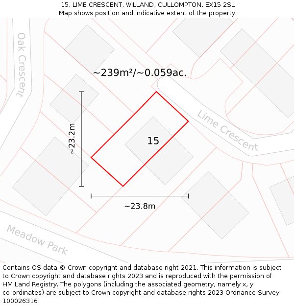 15, LIME CRESCENT, WILLAND, CULLOMPTON, EX15 2SL: Plot and title map