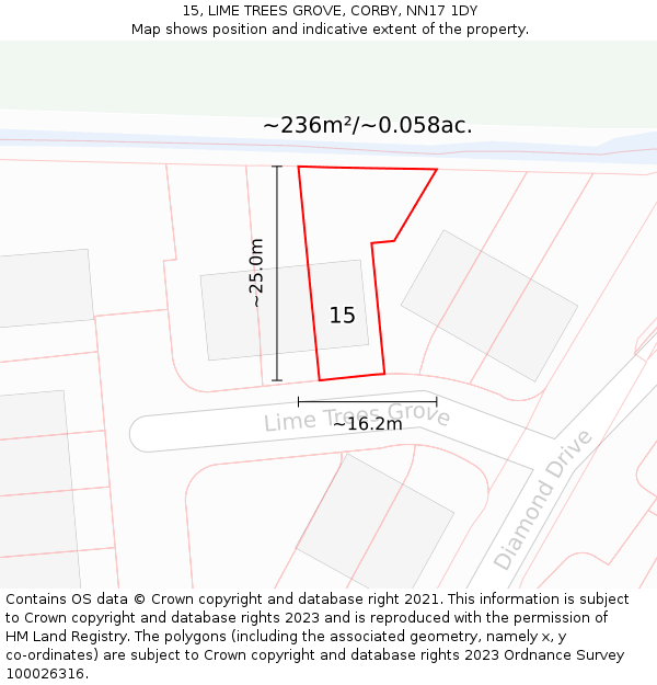 15, LIME TREES GROVE, CORBY, NN17 1DY: Plot and title map
