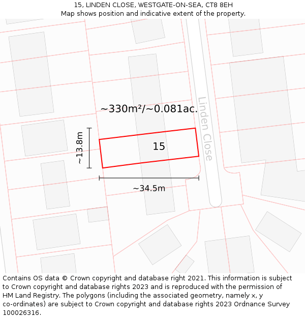 15, LINDEN CLOSE, WESTGATE-ON-SEA, CT8 8EH: Plot and title map