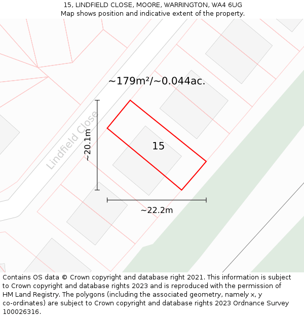 15, LINDFIELD CLOSE, MOORE, WARRINGTON, WA4 6UG: Plot and title map