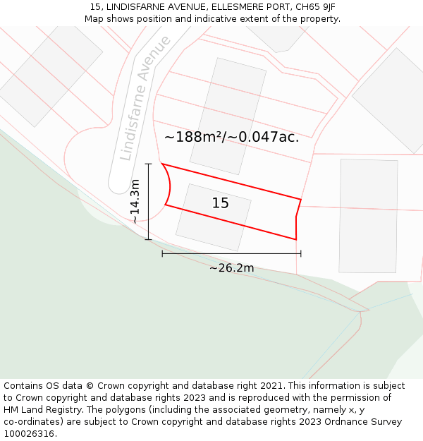 15, LINDISFARNE AVENUE, ELLESMERE PORT, CH65 9JF: Plot and title map